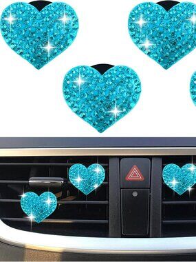 4 Car Bling Heart Vent Clips Blue Rhinestones Air Vent Clips